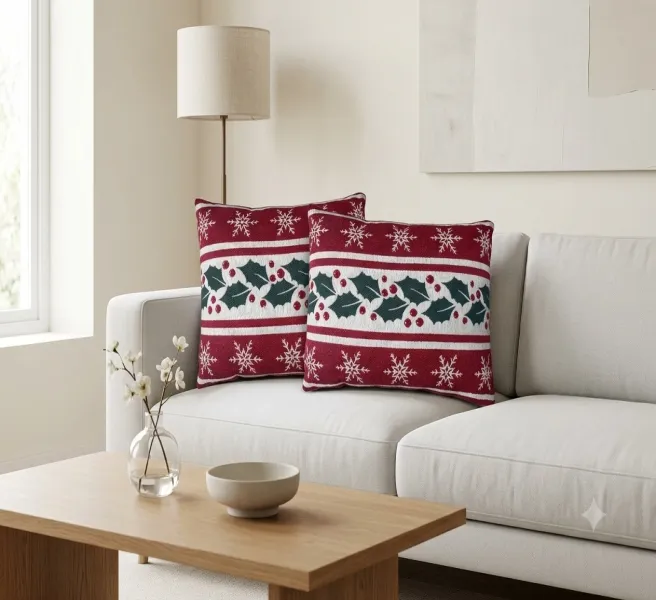 Festive Holiday Holly & Snowflake Jacquard Tapestry Cushion Cover - 12x20 Pack of 2
